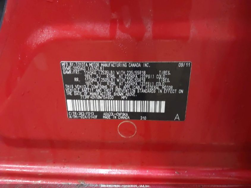 2011 Toyota Rav4 Sport VIN: 2T3RF4DVXBW154930 Lot: 43907924