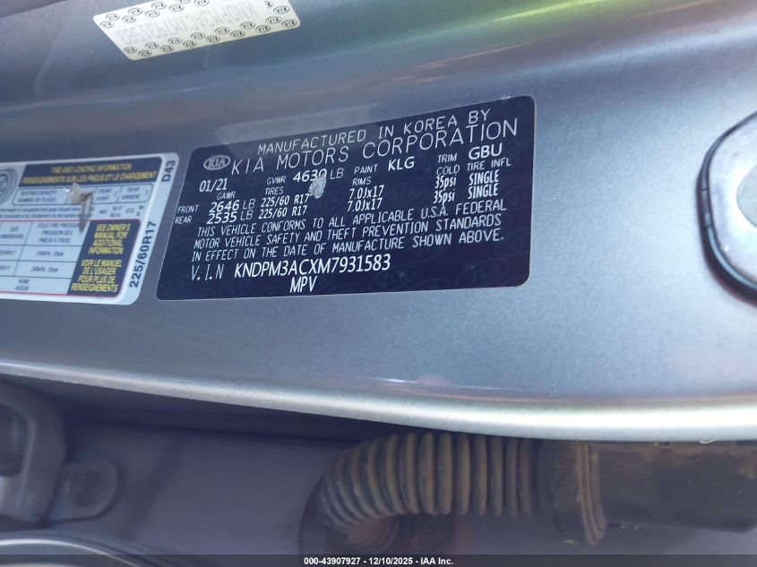 2021 Kia Sportage Lx VIN: KNDPM3ACXM7931583 Lot: 43907927