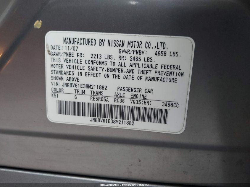 2008 Infiniti G35 Journey VIN: JNKBV61E38M211882 Lot: 43907930