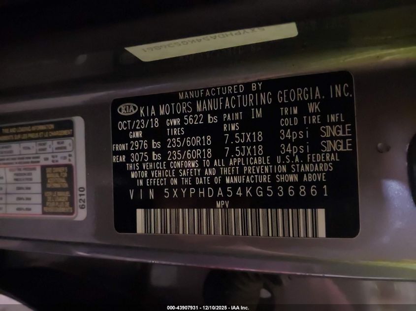 2019 Kia Sorento 3.3L Ex VIN: 5XYPHDA54KG536861 Lot: 43907931