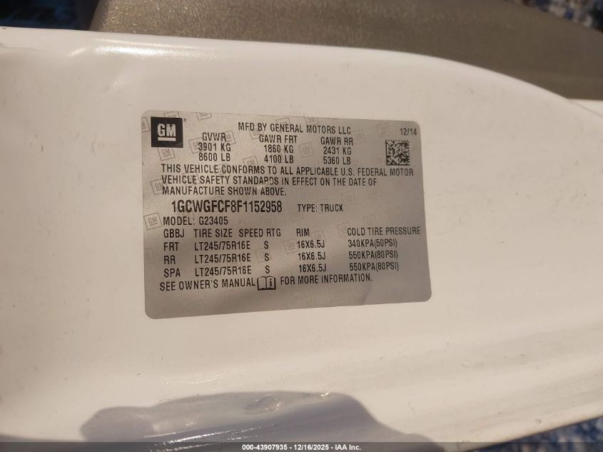 2015 Chevrolet Express 2500 Work Van VIN: 1GCWGFCF8F1152958 Lot: 43907935