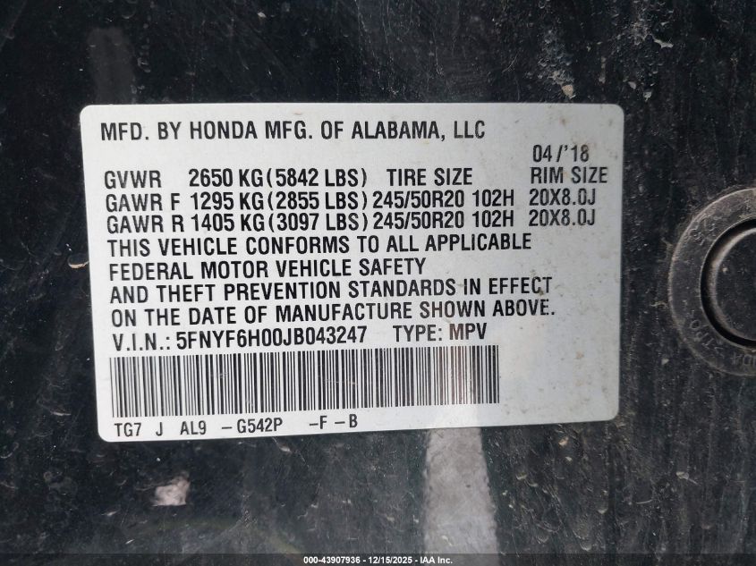 2018 Honda Pilot Elite VIN: 5FNYF6H00JB043247 Lot: 43907936
