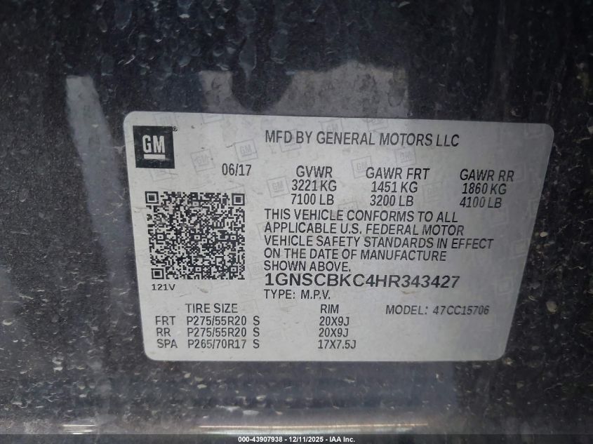 2017 Chevrolet Tahoe Lt VIN: 1GNSCBKC4HR343427 Lot: 43907938