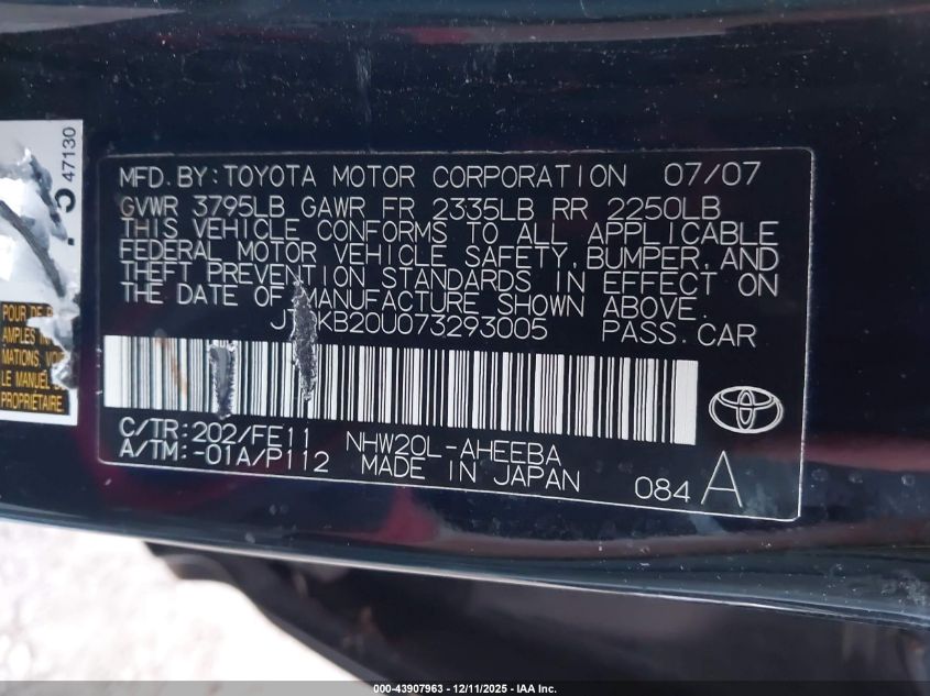 2007 Toyota Prius VIN: JTDKB20U073293005 Lot: 43907963