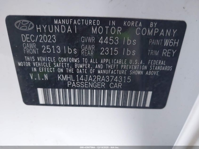 2024 Hyundai Sonata Sel VIN: KMHL14JA2RA374315 Lot: 43907964