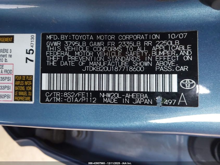 2008 Toyota Prius VIN: JTDKB20U187718600 Lot: 43907965