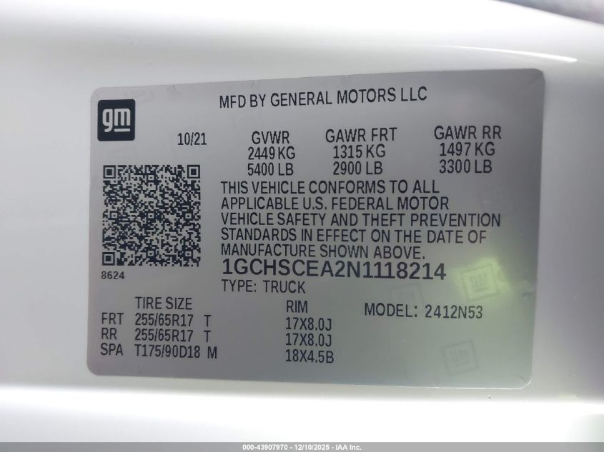 2022 Chevrolet Colorado 2Wd Long Box Lt VIN: 1GCHSCEA2N1118214 Lot: 43907970