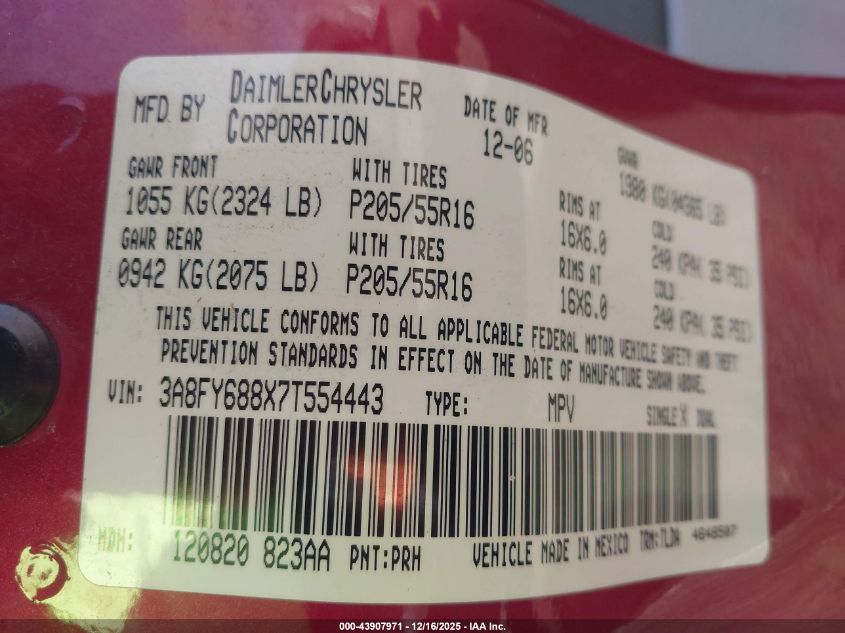 2007 Chrysler Pt Cruiser Limited VIN: 3A8FY688X7T554443 Lot: 43907971