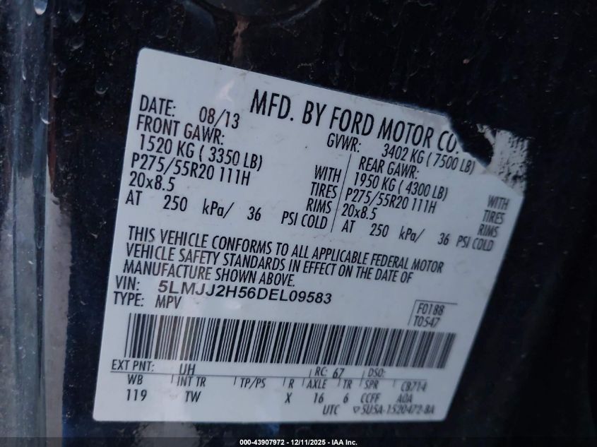 2013 Lincoln Navigator VIN: 5LMJJ2H56DEL09583 Lot: 43907972