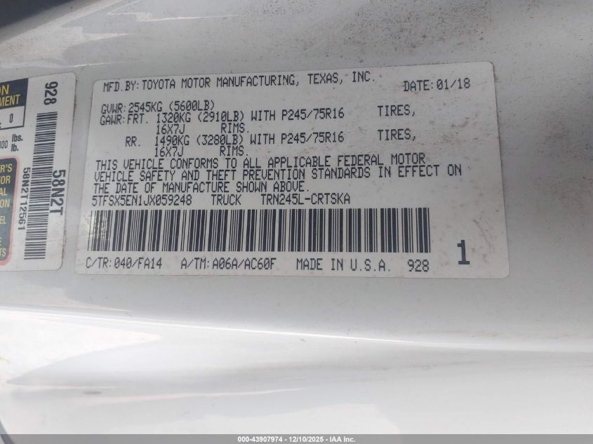 2018 Toyota Tacoma Sr VIN: 5TFSX5EN1JX059248 Lot: 43907974