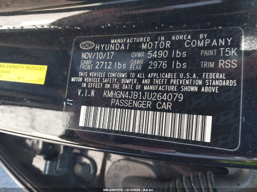 2018 Genesis G80 3.3T Sport VIN: KMHGN4JB1JU264079 Lot: 43907976