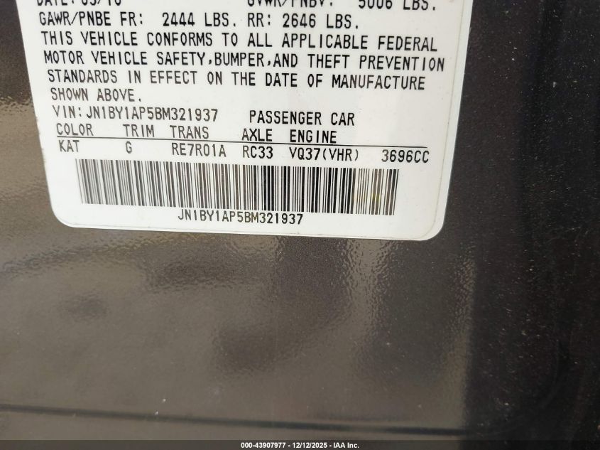 2011 Infiniti M37 VIN: JN1BY1AP5BM321937 Lot: 43907977