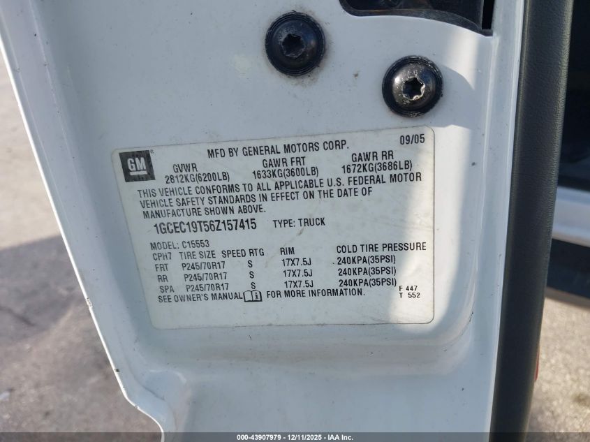 2006 Chevrolet Silverado 1500 Lt2 VIN: 1GCEC19T56Z157415 Lot: 43907979