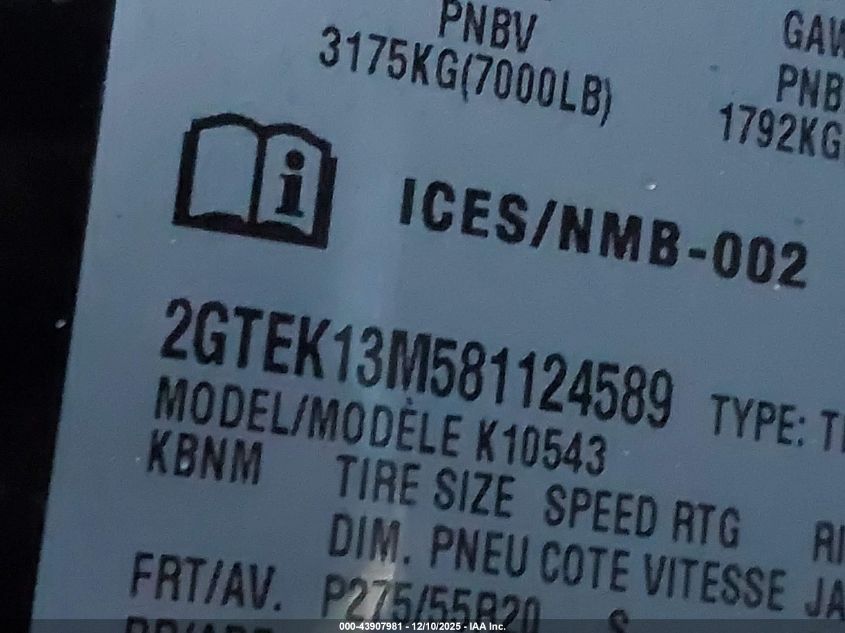 2008 GMC Sierra 1500 Sle1/Sle2/Slt/Work Truck VIN: 2GTEK13M581124589 Lot: 43907981