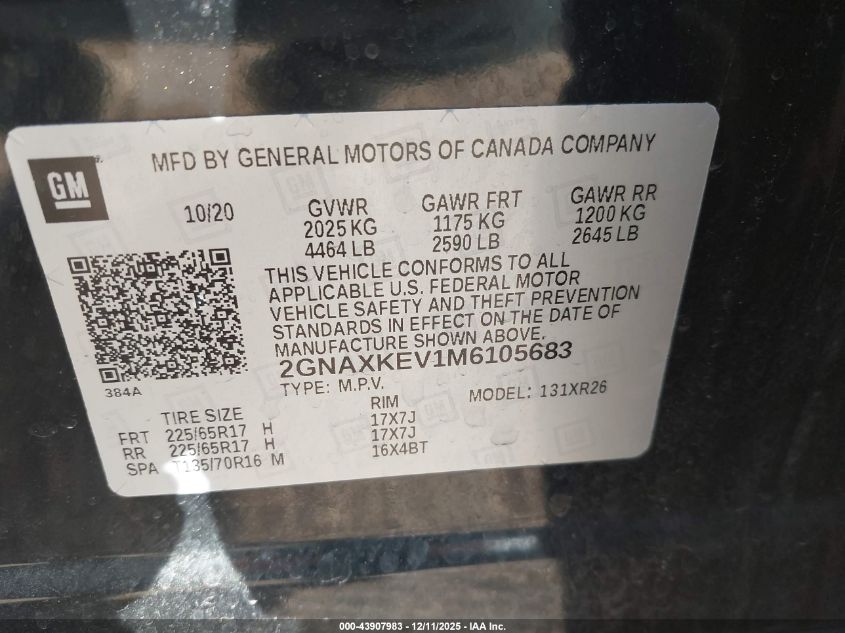 2021 Chevrolet Equinox Fwd Lt VIN: 2GNAXKEV1M6105683 Lot: 43907983