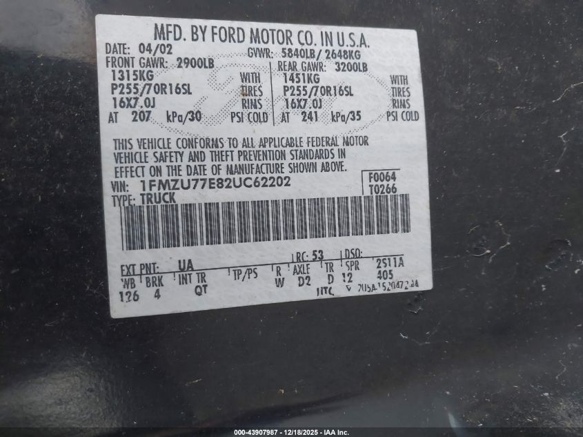 2002 Ford Explorer Sport Trac VIN: 1FMZU77E82UC62202 Lot: 43907987