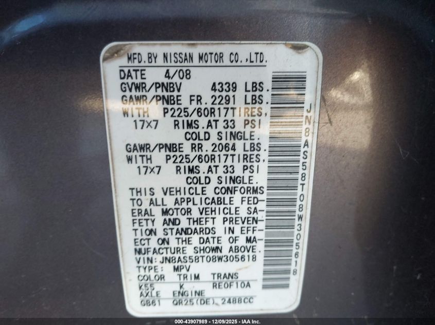 2008 Nissan Rogue Sl VIN: JN8AS58T08W305618 Lot: 43907989