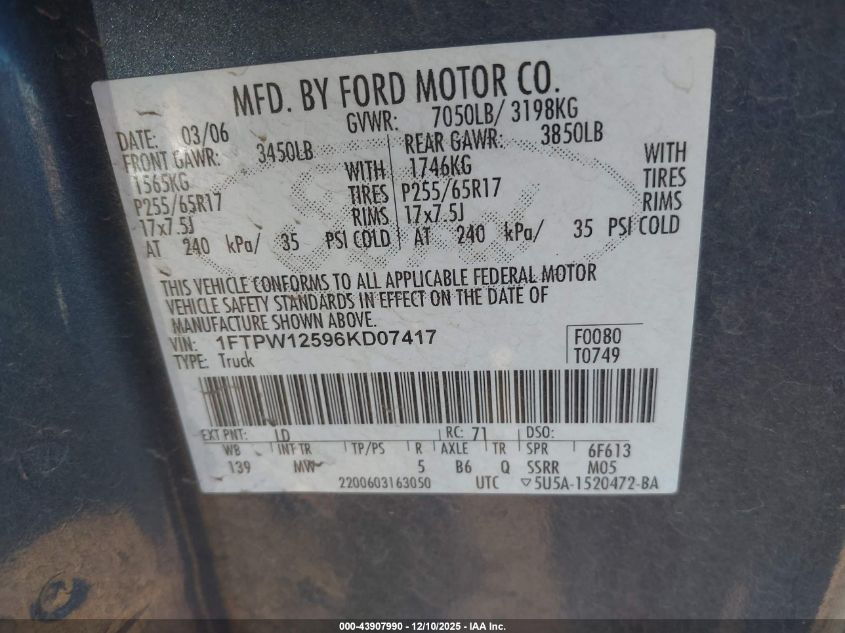 2006 Ford F-150 Lariat/Xlt VIN: 1FTPW12596KD07417 Lot: 43907990