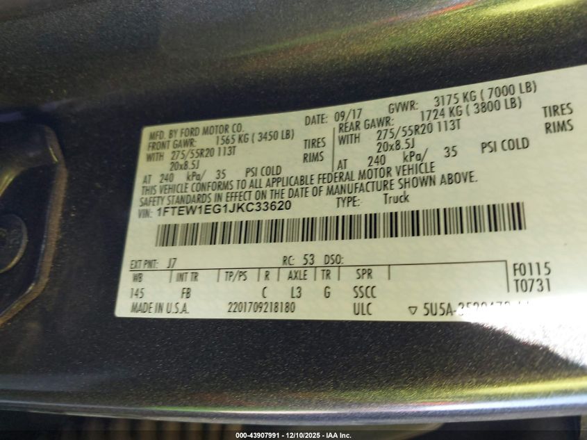 2018 Ford F-150 Xlt VIN: 1FTEW1EG1JKC33620 Lot: 43907991