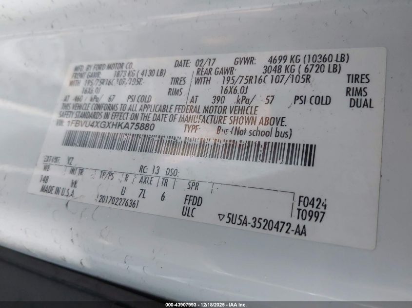 2017 Ford Transit-350 Xl VIN: 1FBVU4XGXHKA75880 Lot: 43907993