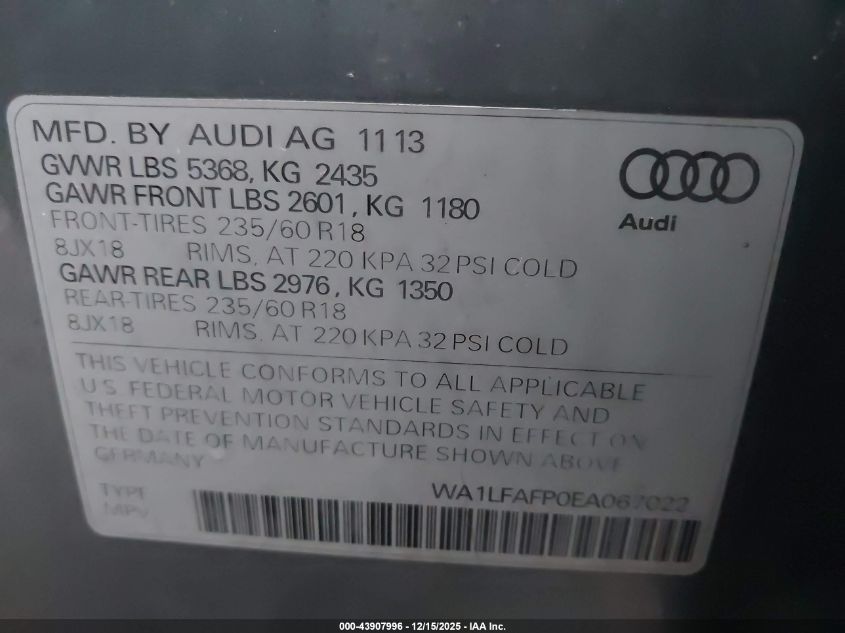 2014 Audi Q5 2.0T Premium VIN: WA1LFAFP0EA067022 Lot: 43907996