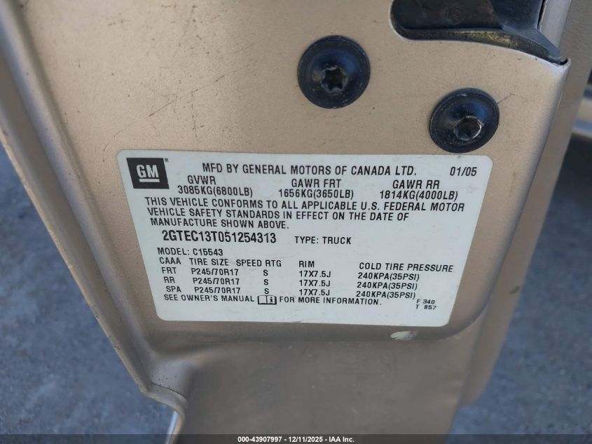2005 GMC Sierra 1500 Sle VIN: 2GTEC13T051254313 Lot: 43907997