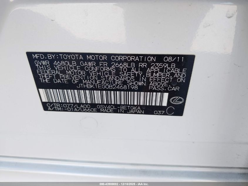 2011 Lexus Es 350 VIN: JTHBK1EG0B2468198 Lot: 43908002