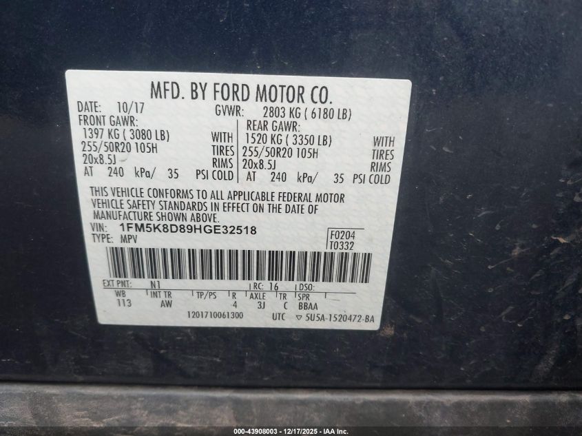 2017 Ford Explorer Xlt VIN: 1FM5K8D89HGE32518 Lot: 43908003