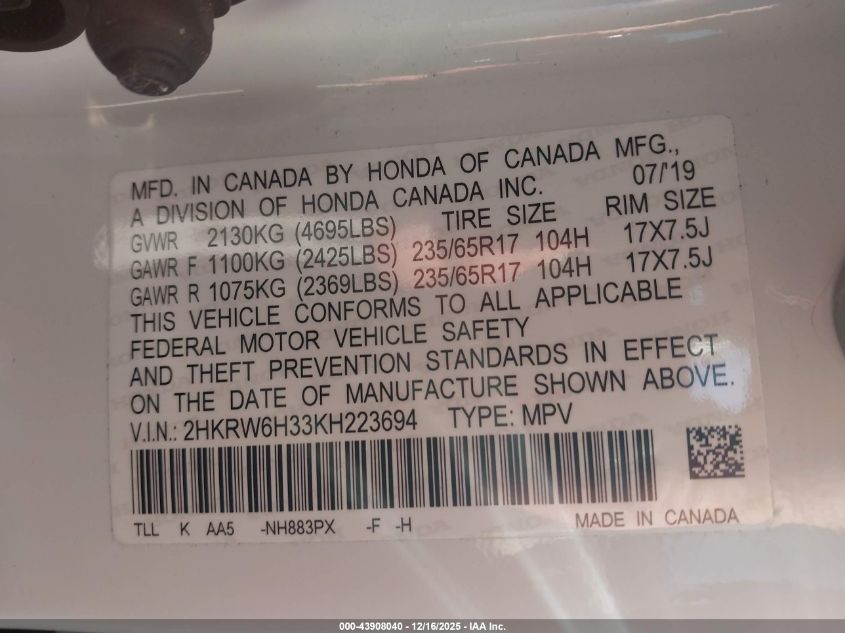 2019 Honda Cr-V Lx VIN: 2HKRW6H33KH223694 Lot: 43908040