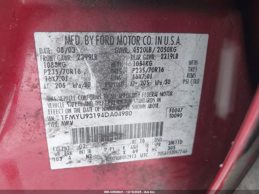 2004 Ford Escape Xlt VIN: 1FMYU93194DA04980 Lot: 43908041