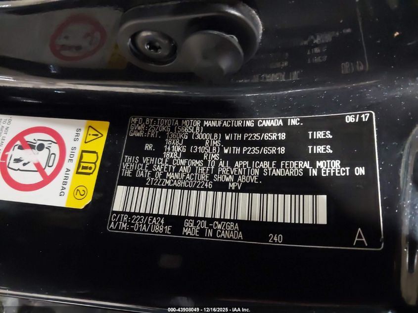 2017 Lexus Rx 350 VIN: 2T2ZZMCA8HC072246 Lot: 43908049