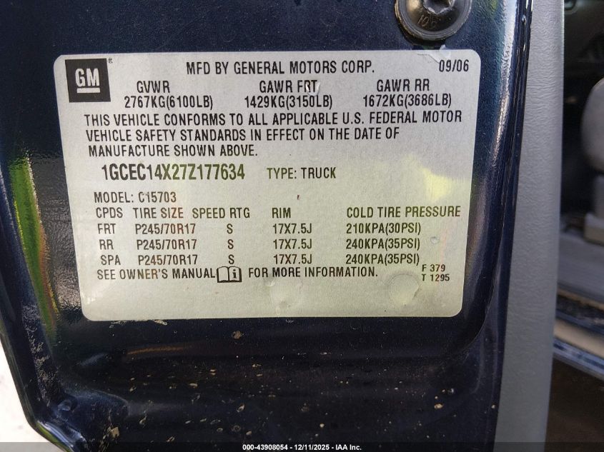 2007 Chevrolet Silverado 1500 Classic Work Truck VIN: 1GCEC14X27Z177634 Lot: 43908054