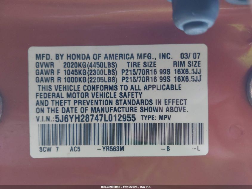 2007 Honda Element Ex VIN: 5J6YH28747L012955 Lot: 43908058