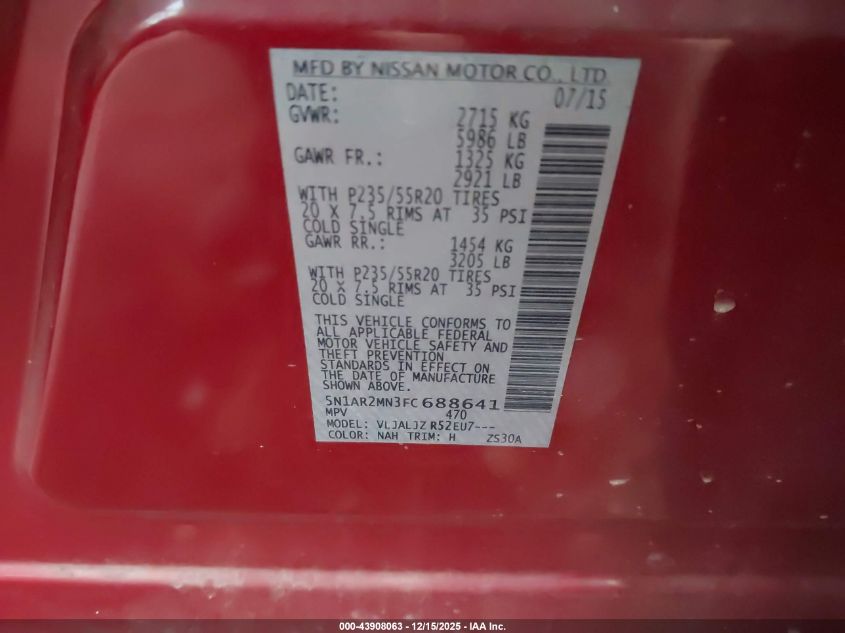 2015 Nissan Pathfinder Platinum VIN: 5N1AR2MN3FC688641 Lot: 43908063