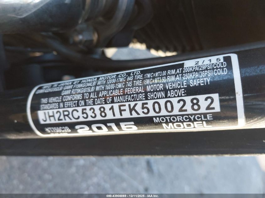 2015 Honda Vt750 C2B VIN: JH2RC5381FK500282 Lot: 43908069