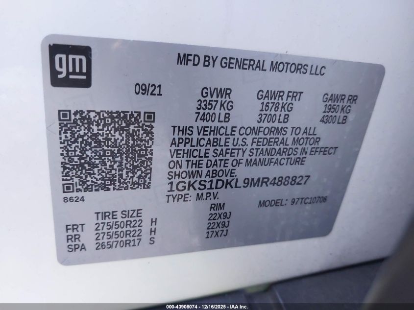 2021 GMC Yukon 2Wd Denali VIN: 1GKS1DKL9MR488827 Lot: 43908074