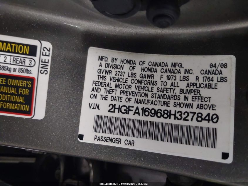 2008 Honda Civic Ex-L VIN: 2HGFA16968H327840 Lot: 43908078