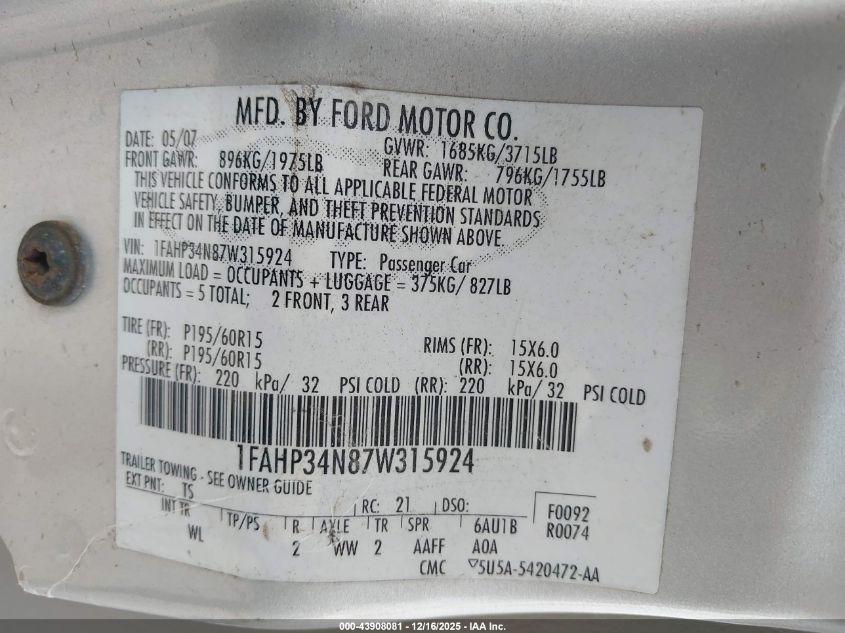 2007 Ford Focus S/Se/Ses VIN: 1FAHP34N87W315924 Lot: 43908081