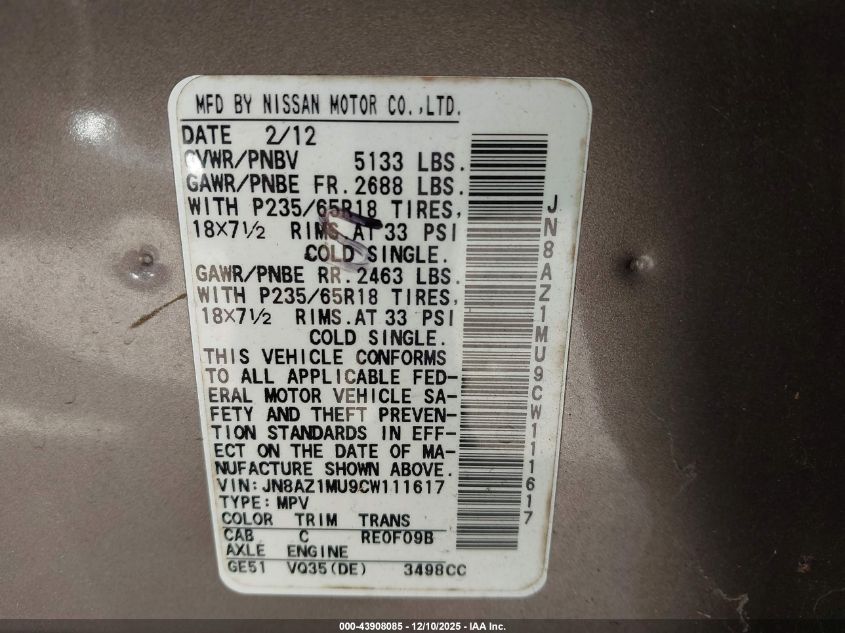 2012 Nissan Murano Sl VIN: JN8AZ1MU9CW111617 Lot: 43908085