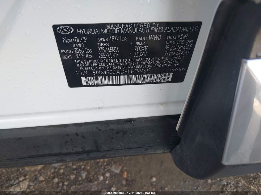 2020 Hyundai Santa Fe Sel VIN: 5NMS33AD9LH199315 Lot: 43908086