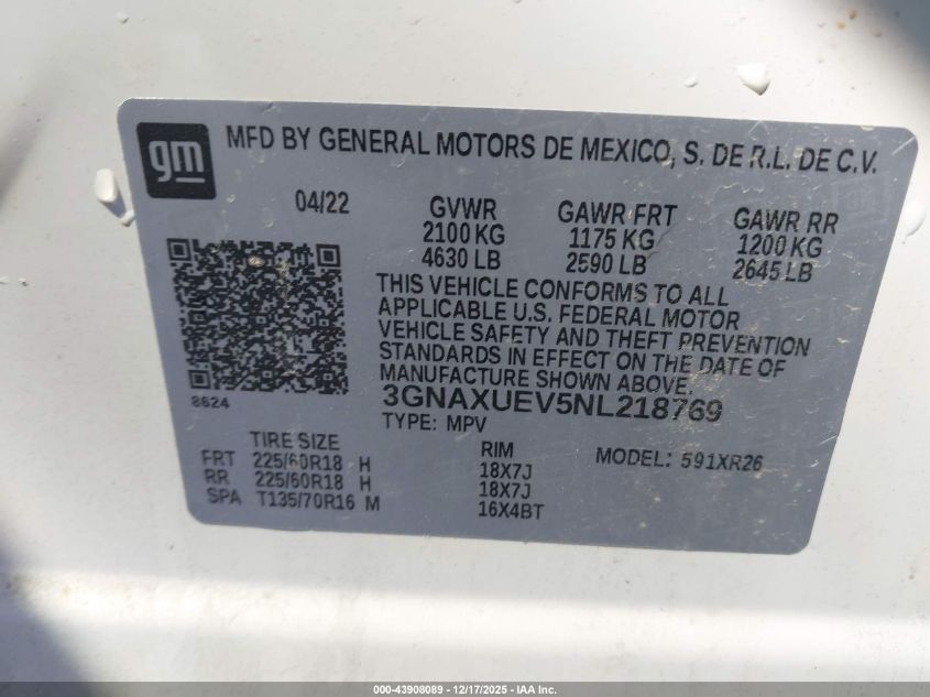 2022 Chevrolet Equinox Awd Lt VIN: 3GNAXUEV5NL218769 Lot: 43908089