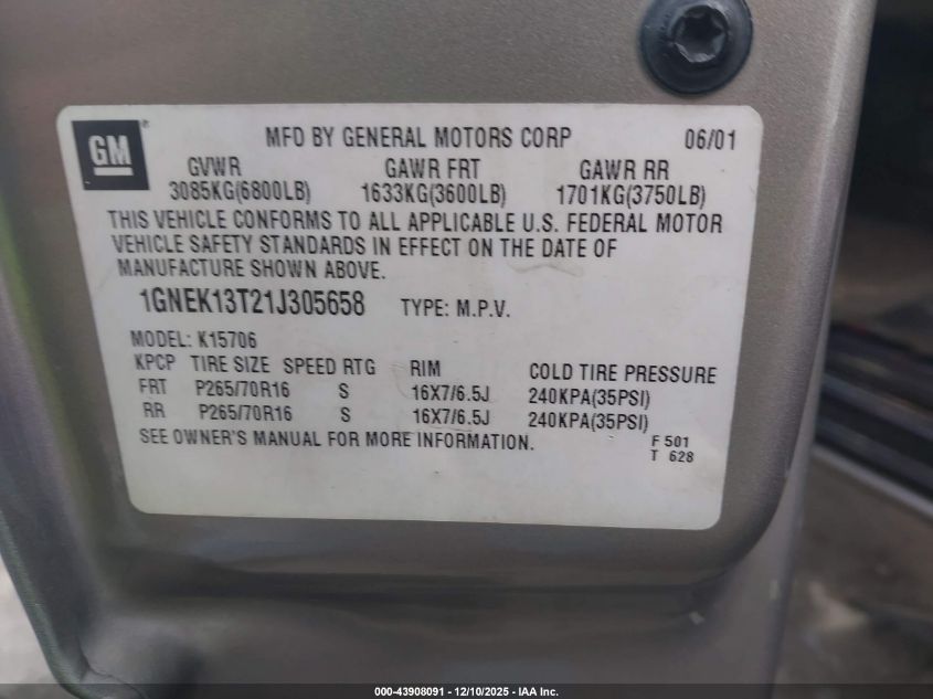 2001 Chevrolet Tahoe Lt VIN: 1GNEK13T21J305658 Lot: 43908091