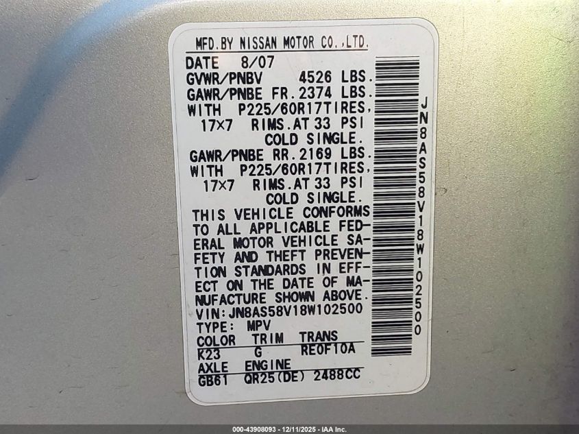 2008 Nissan Rogue Sl VIN: JN8AS58V18W102500 Lot: 43908093