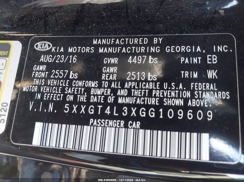 2016 Kia Optima Lx VIN: 5XXGT4L3XGG109609 Lot: 43908095