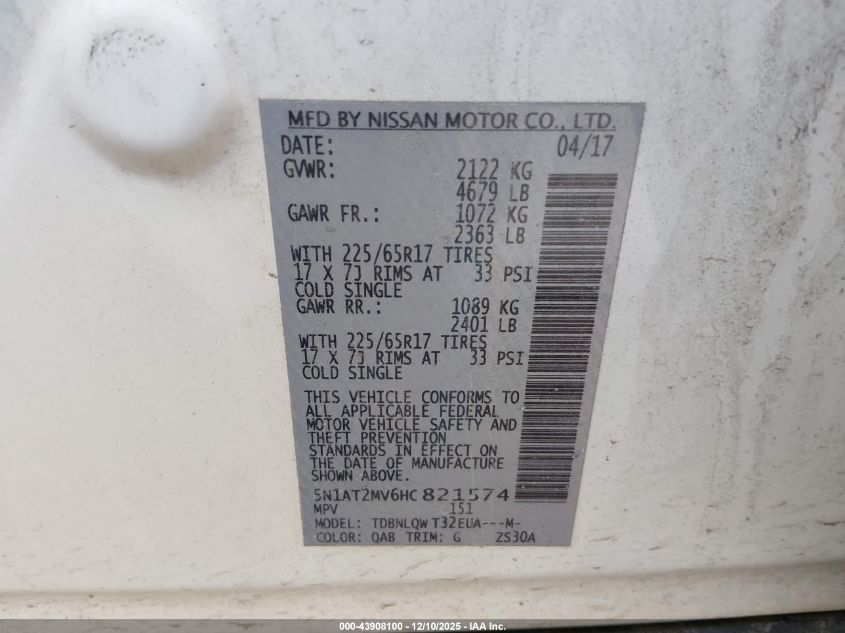 2017 Nissan Rogue Sv VIN: 5N1AT2MV6HC821574 Lot: 43908100