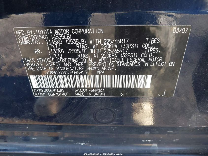 2007 Toyota Rav4 Limited VIN: JTMBD31V075098923 Lot: 43908106