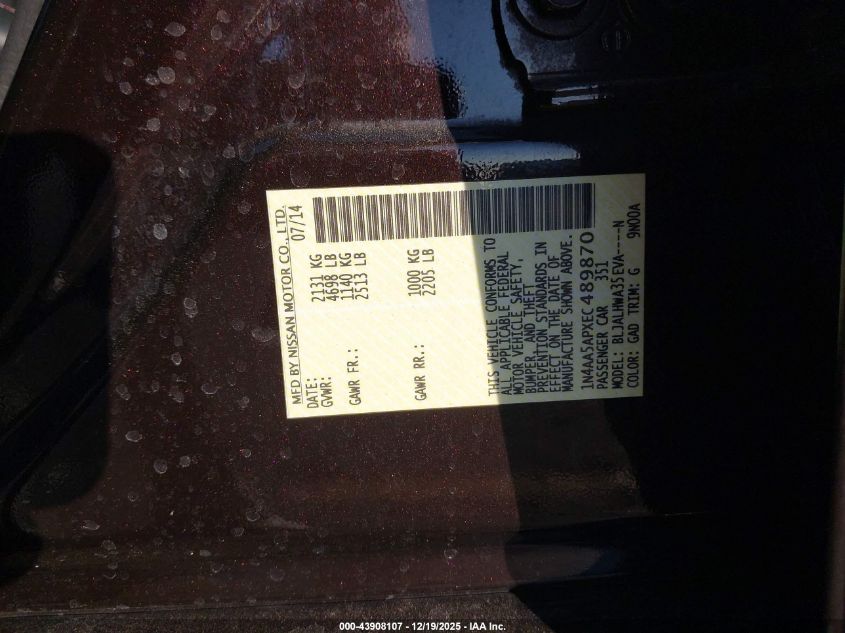 2014 Nissan Maxima 3.5 Sv VIN: 1N4AA5APXEC489870 Lot: 43908107