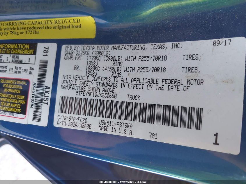 2018 Toyota Tundra Sr5 5.7L V8 VIN: 5TFEY5F10JX230660 Lot: 43908108