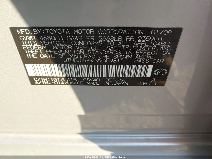 2009 Lexus Es 350 VIN: JTHBJ46G092309811 Lot: 43908115