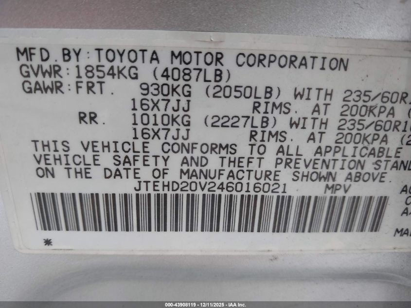 2004 Toyota Rav4 VIN: JTEHD20V246016021 Lot: 43908119